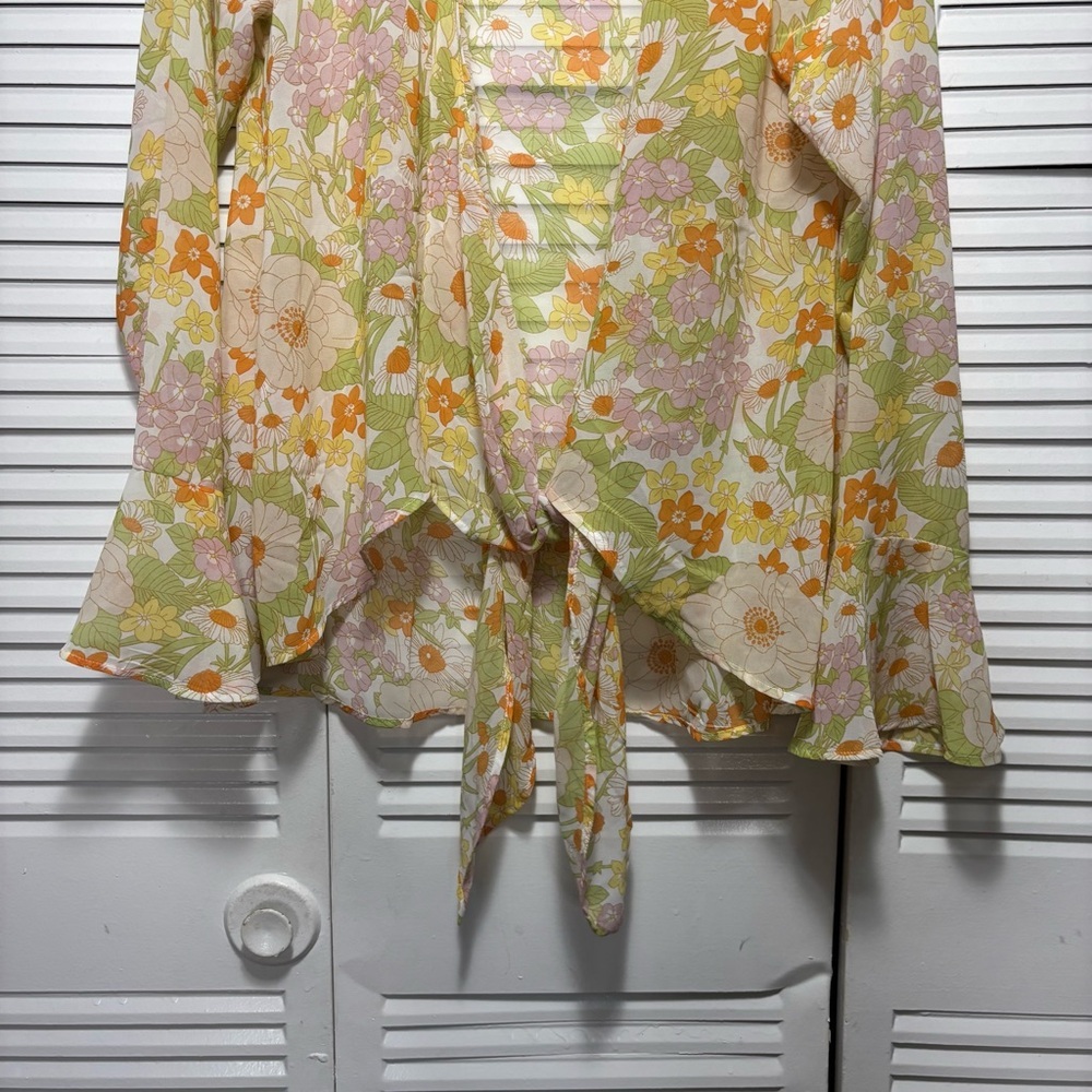 Miss Lola Nadiah Floral Yellow Orange Long Sleeve Cover Up Kimono Top Size M - Picture 3 of 5